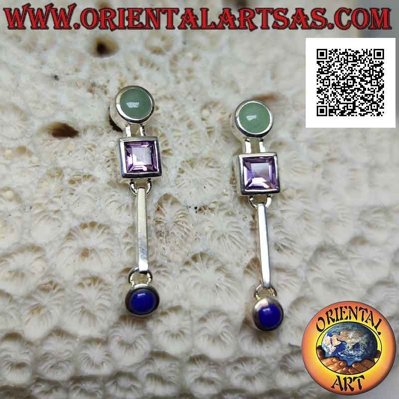 Silver lobe earrings with jade, amethyst and lapis lazuli on a smooth setting