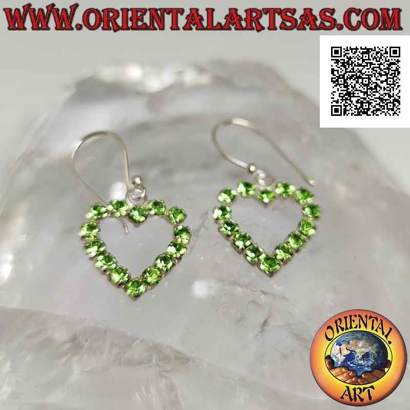 Silver leverback earrings with heart contour of green cubic zirconia set (small)