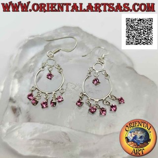 Silver leverback earrings with headband and 5 pink zircons and one pendant in the center