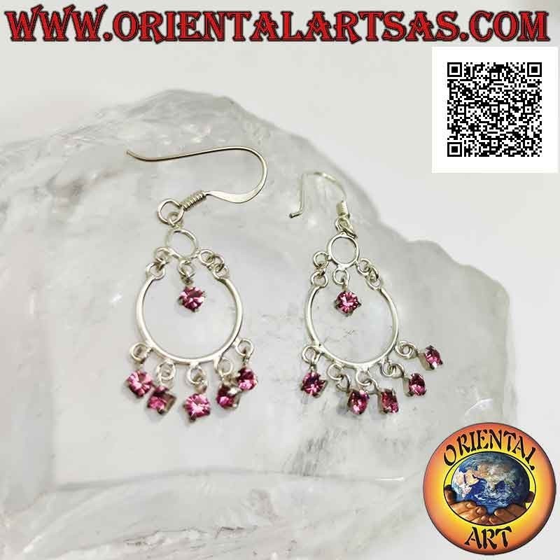 Boucles d'oreilles à levier en argent avec bandeau et 5 zircons roses et un pendentif au centre