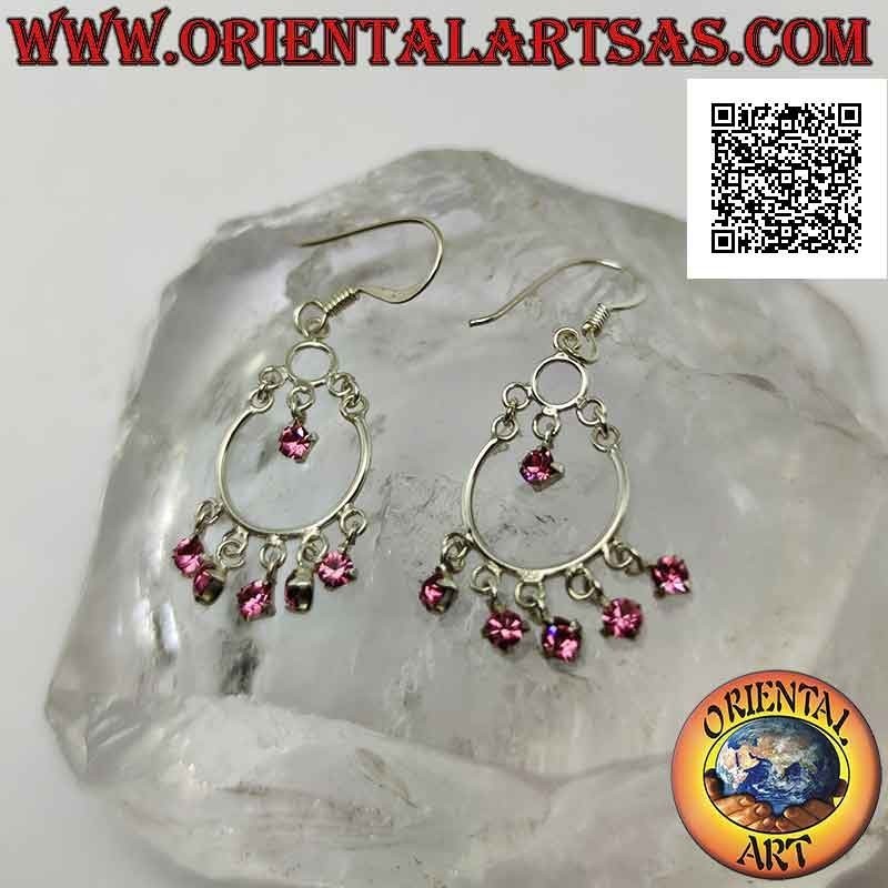Boucles d'oreilles à levier en argent avec bandeau et 5 zircons roses et un pendentif au centre