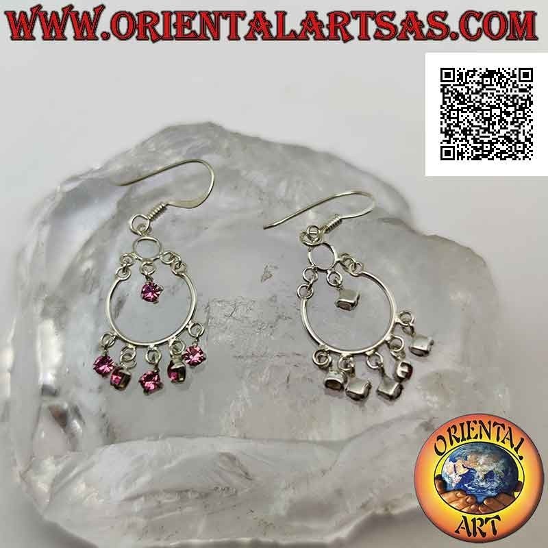 Orecchini in argento a monachella con cerchietto e 5 zirconi rosa e uno al centro pendenti