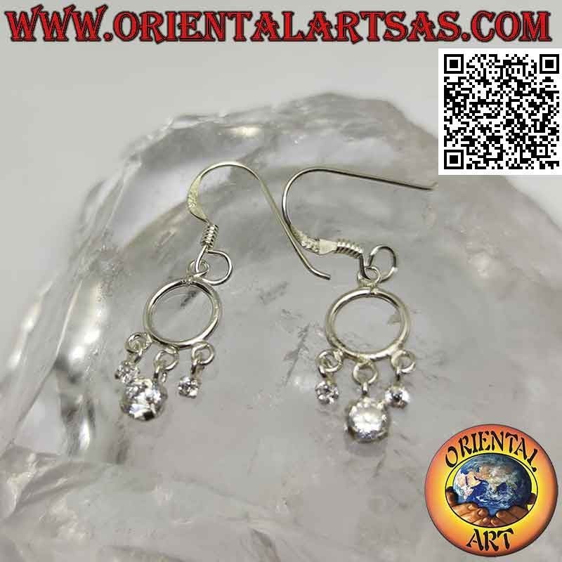 Silver leverback earrings with headband and 3 white pendant zircons