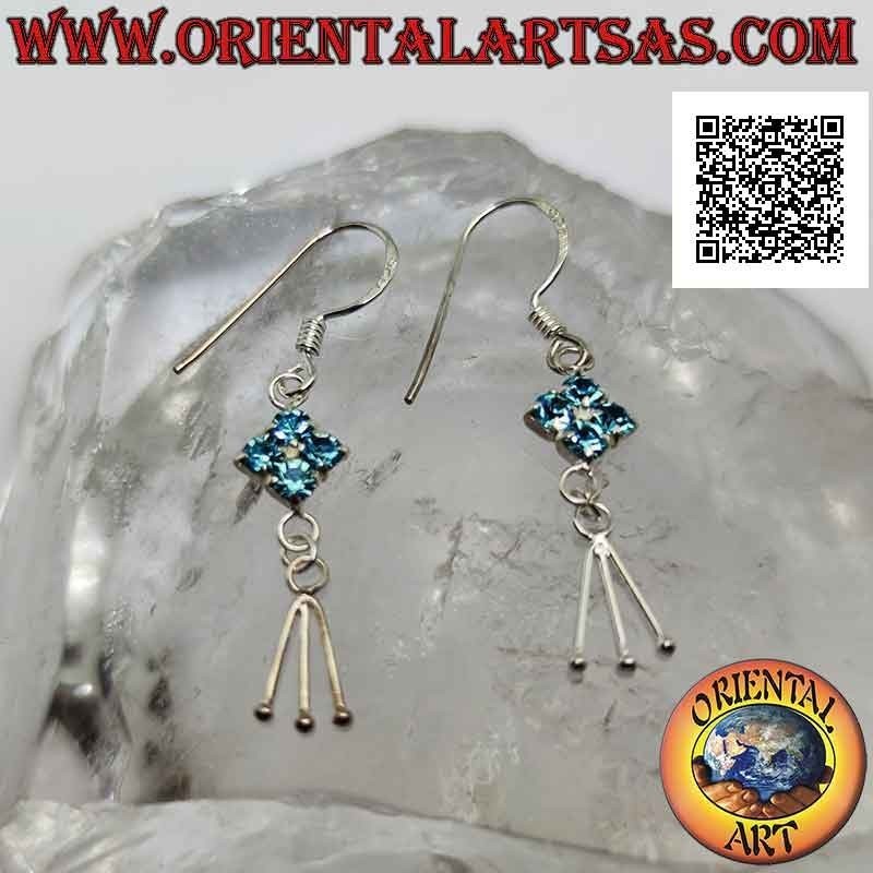 Pendientes de palanca de plata con rombos de circonitas celestes y tres segmentos colgantes