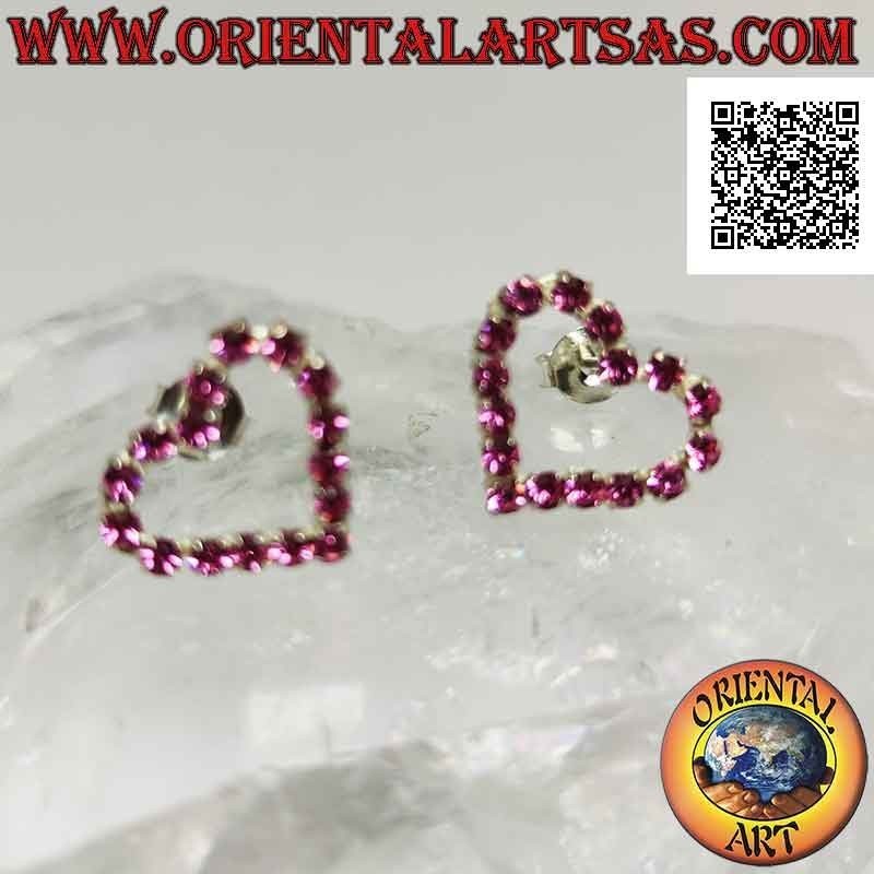 Silver lobe earrings with heart contour of pink cubic zirconia set (medium)