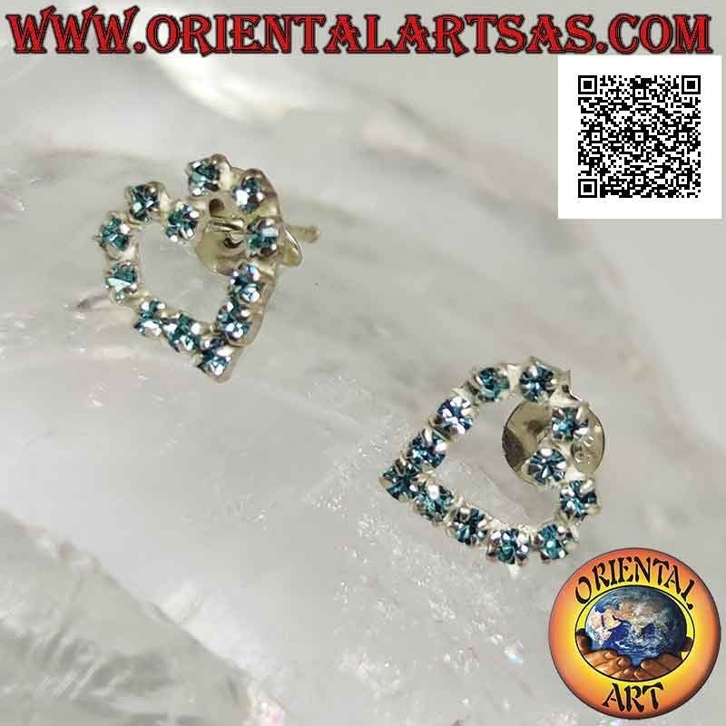 Silver lobe earrings with heart contour of light blue cubic zirconia set (small)