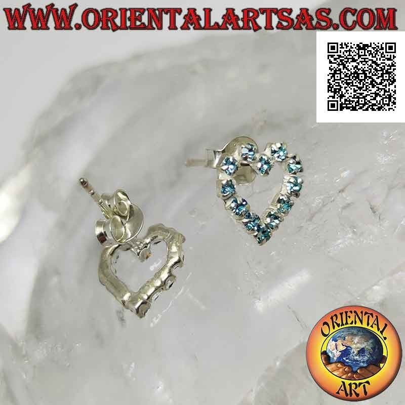 Silver lobe earrings with heart contour of light blue cubic zirconia set (small)