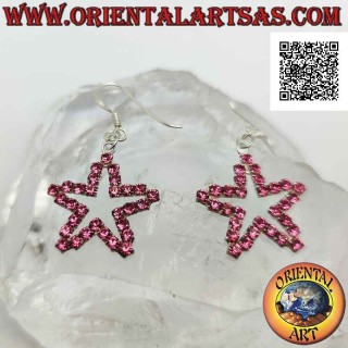 Silver leverback earrings with a star outline of pink zircons