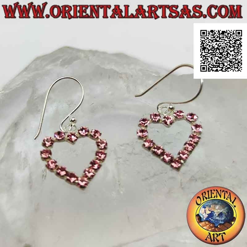 Silver leverback earrings with heart contour of pink cubic zirconia set (small)