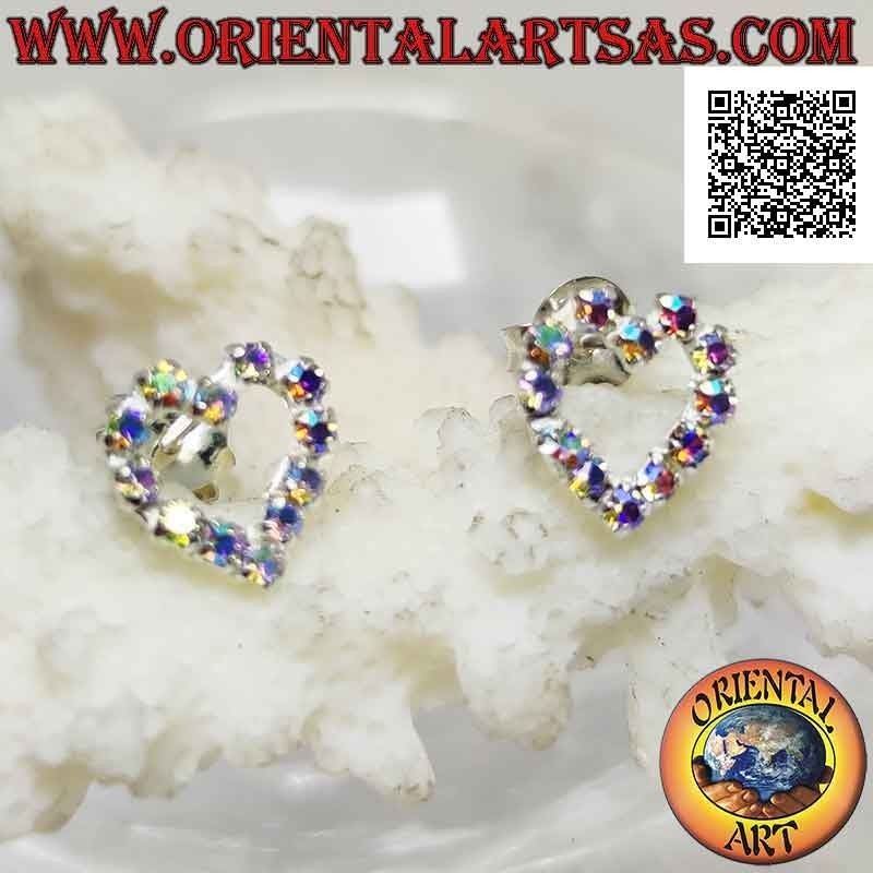Conjunto de pendientes de plata con lóbulo con contorno de corazón de circonita cúbica arcoíris (pequeño)
