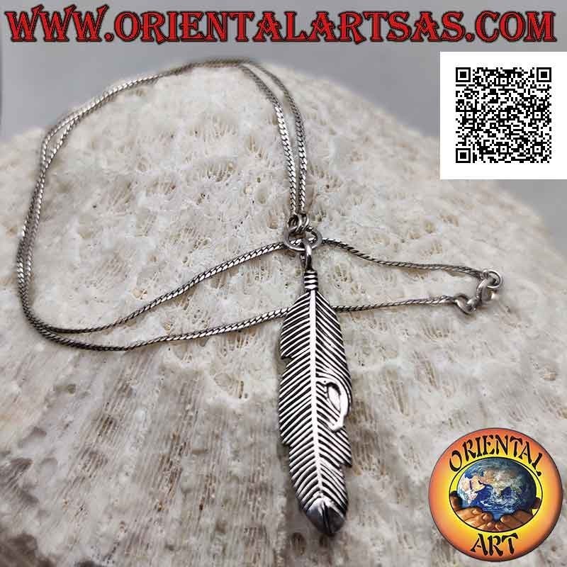 Two-piece 925 ‰ silver necklace of flat "snake" with central Native American feather pendant