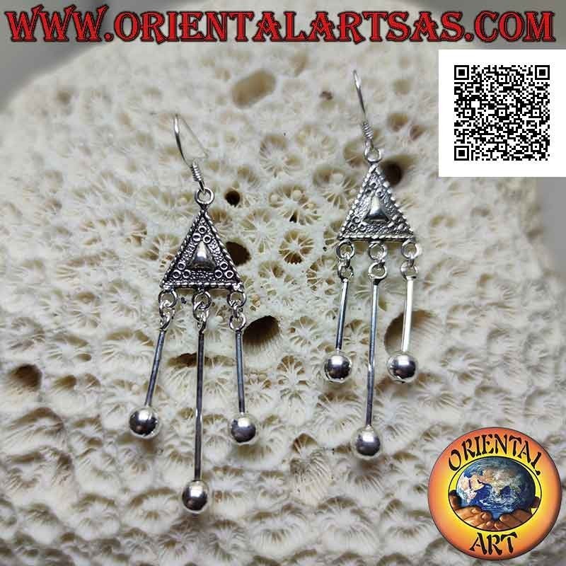 Silver earrings with ethnic triangle decorated in bas-relief and three dangling balls