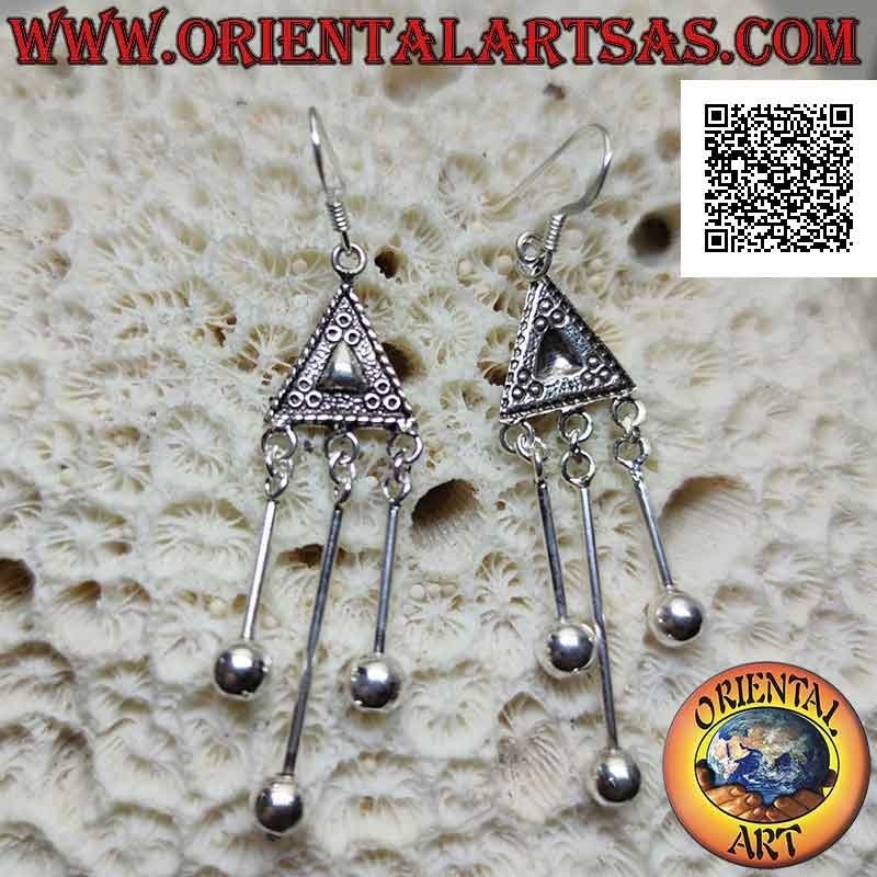 Silver earrings with ethnic triangle decorated in bas-relief and three dangling balls