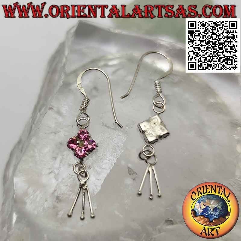 Silver leverback earrings with pink zircon rhombus and three hanging segments