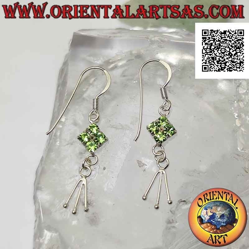 Silver leverback earrings with green zircon rhombus and three hanging segments