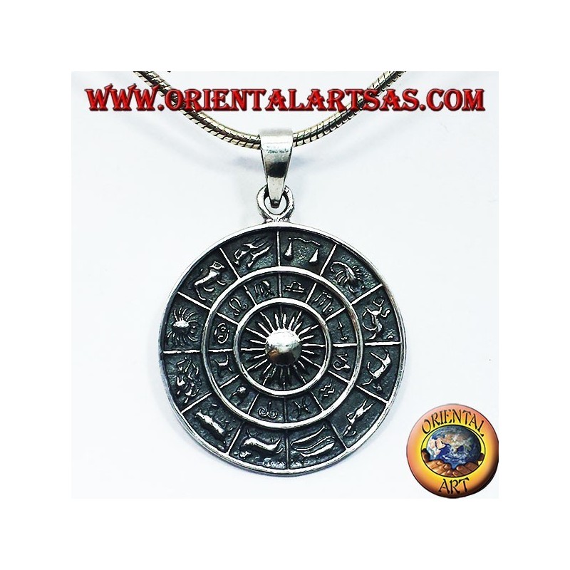 Pendentif roue horoscope zodiaque, argent