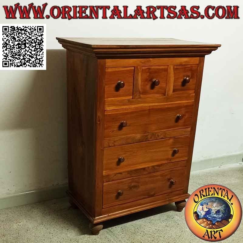 Cómoda rectangular con tres cajones y una fila de tres cajones en madera de teca