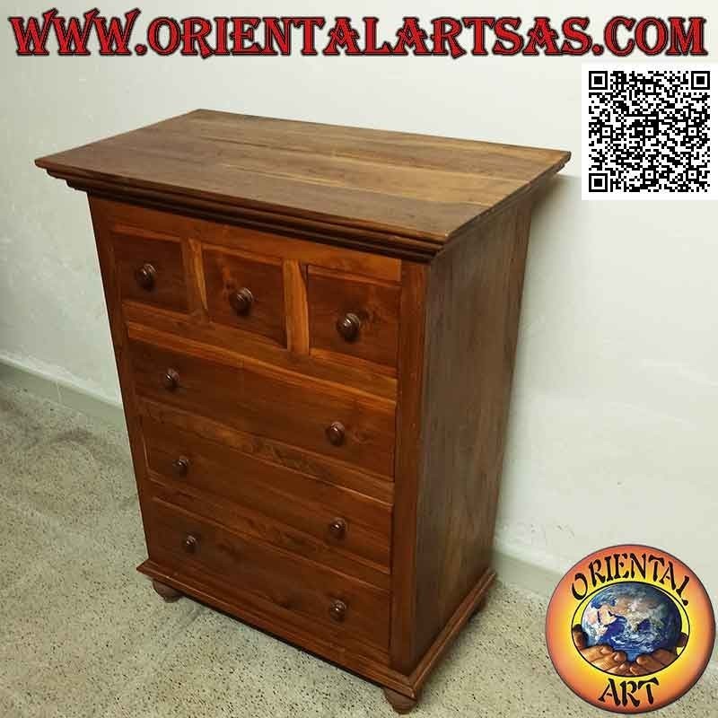 Rectangular chest of drawers with three drawers and a row of three drawers in teak wood
