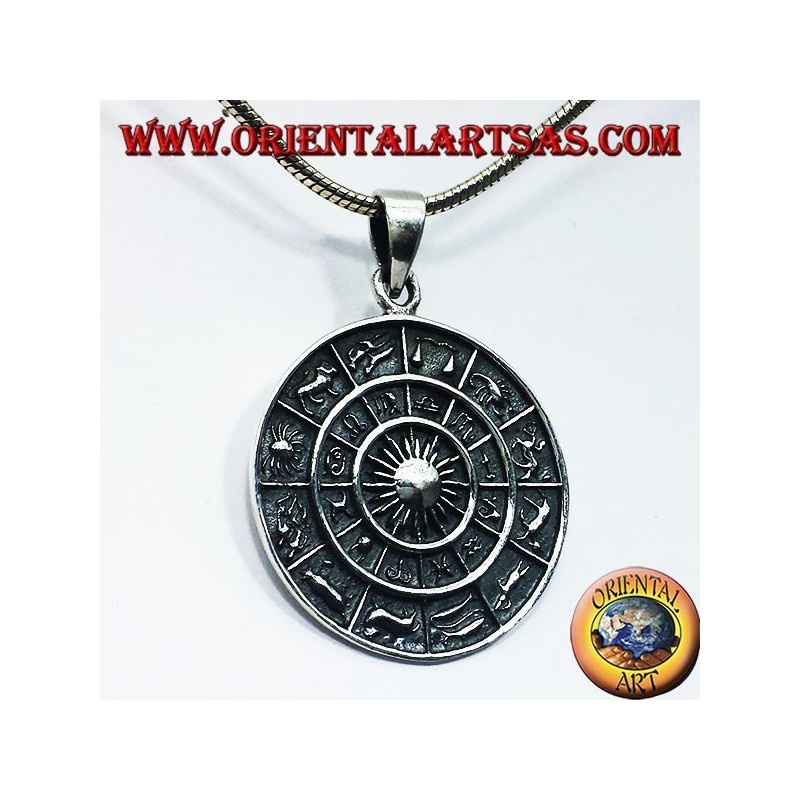 Pendentif roue horoscope zodiaque, argent