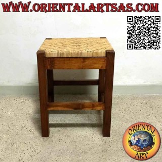 Quadratischer linearer Hocker aus Teakholz und Sitz aus geflochtenem Bambus