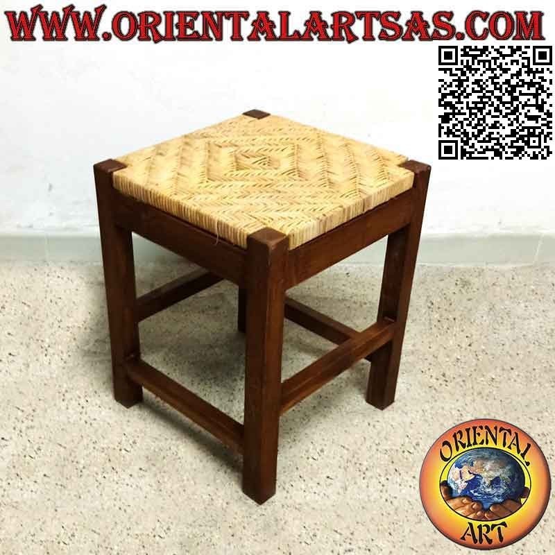 Quadratischer linearer Hocker aus Teakholz und Sitz aus geflochtenem Bambus