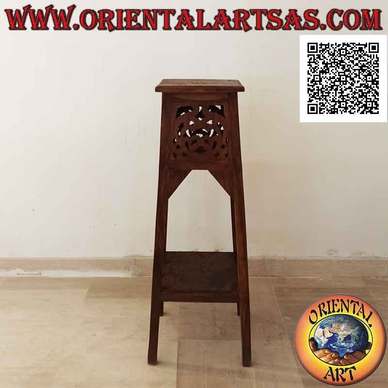 Tabouret haut (étagère auxiliaire) à plateau carré et décor ajouré sculpté en bois de teck