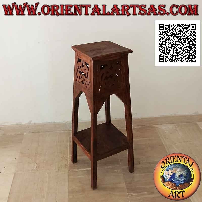 High stool (auxiliary shelf) with square top and perforated decoration carved in teak wood