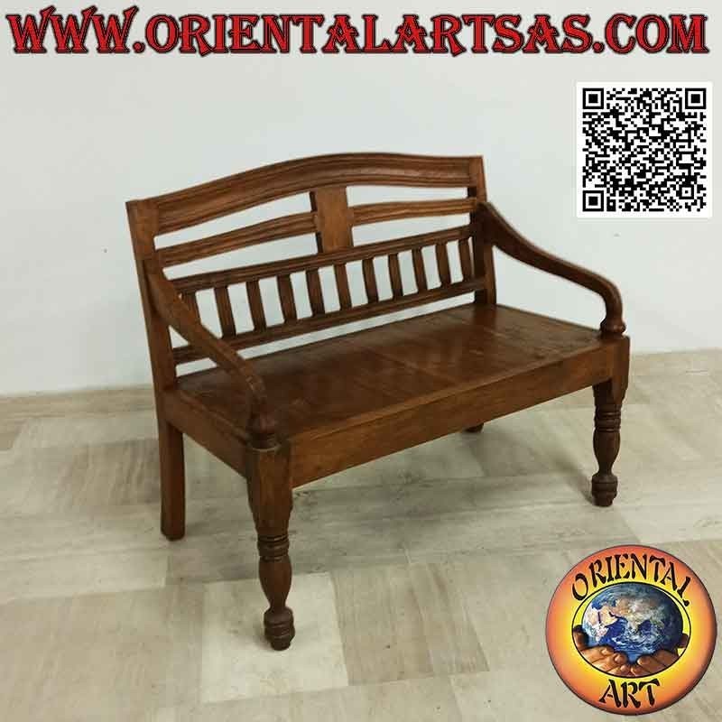 Simple two-seater bench with curved back in antique teak wood