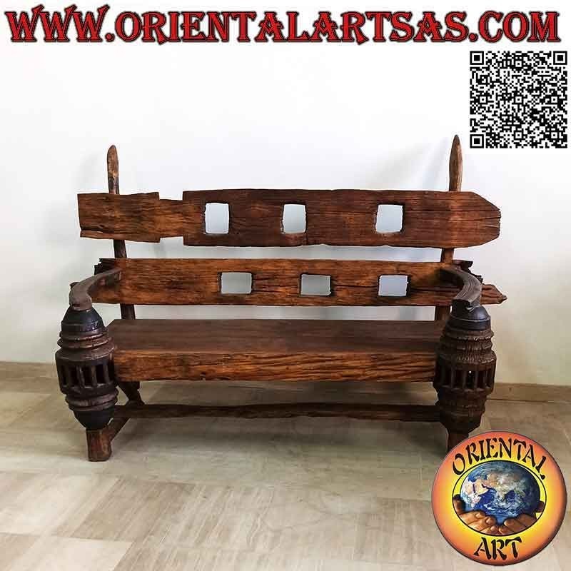 Banco macizo de tres plazas en madera de teca antigua reciclada de vehículos agrícolas (de Birmania)