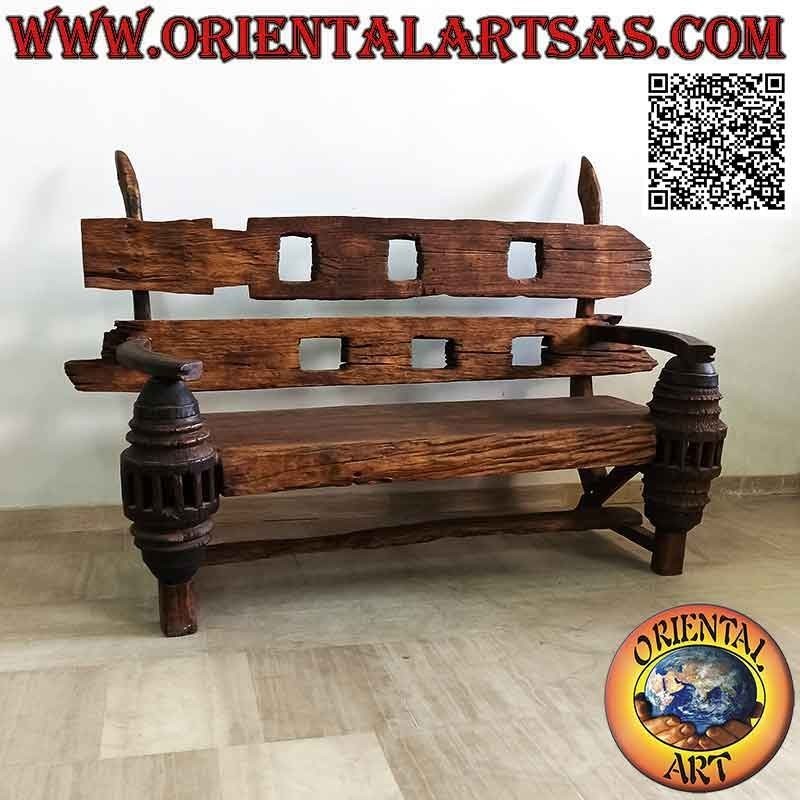 Banco macizo de tres plazas en madera de teca antigua reciclada de vehículos agrícolas (de Birmania)