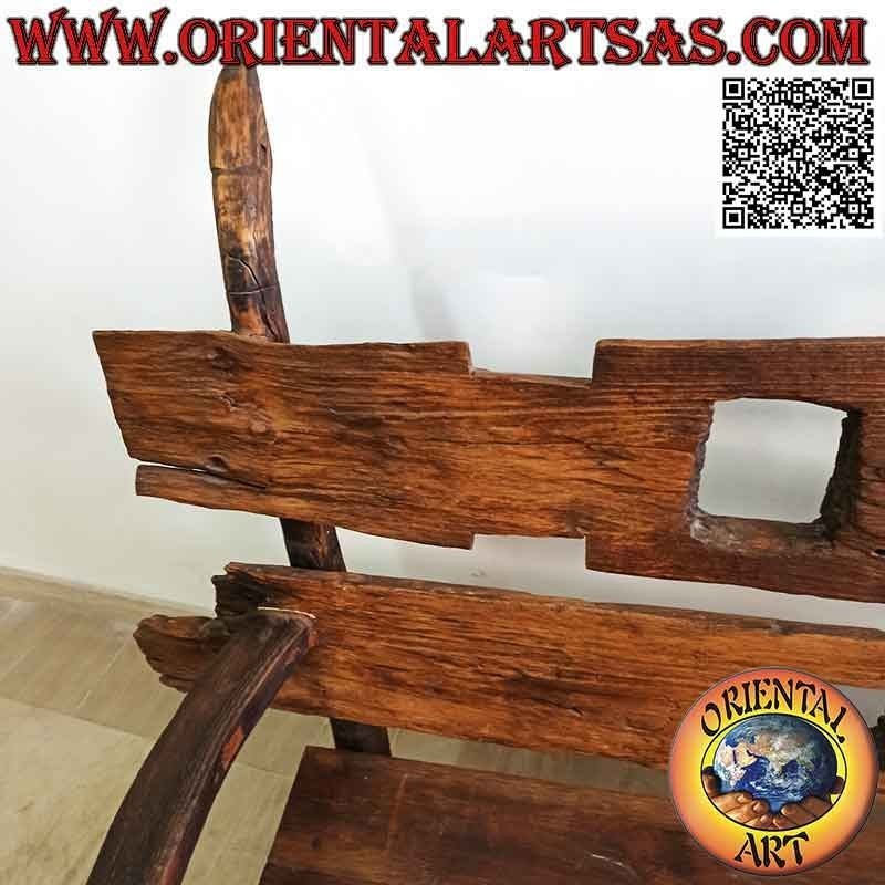 Massive three-seater bench in antique teak wood recycled from agricultural vehicles (from Burma)