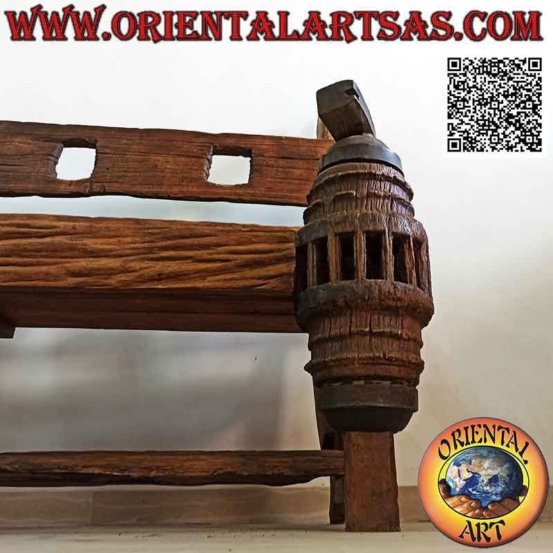 Massive three-seater bench in antique teak wood recycled from agricultural vehicles (from Burma)
