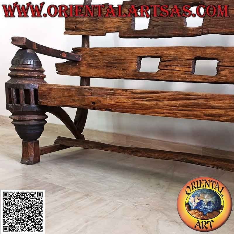 Massive three-seater bench in antique teak wood recycled from agricultural vehicles (from Burma)