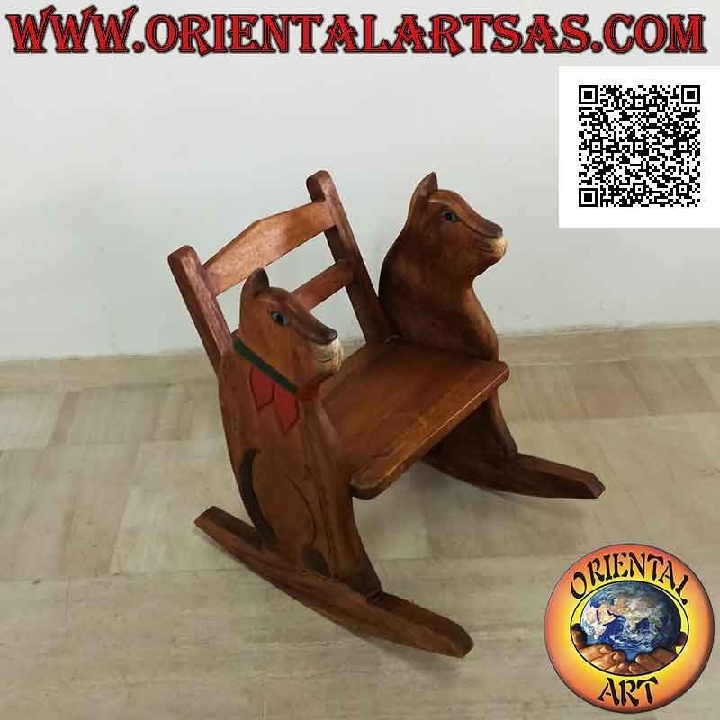 Rocking bench for children in Suar wood (solid) with cat painted on the sides