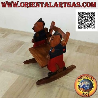 Children's rocking bench in Suar wood (solid) with student (blue) painted on the sides