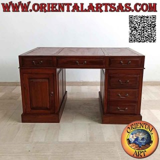 Scrivania "triple" con 6 cassetti, anta e piano in cuoio, in legno di teak (135 x 90) (smontabile)