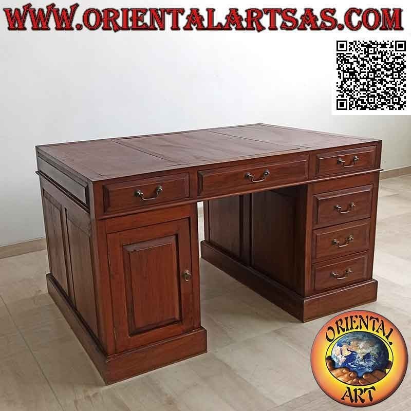 Bureau "Triple" à 6 tiroirs, porte et plateau en cuir sellier, en bois de teck (135 x 90) (démontable)