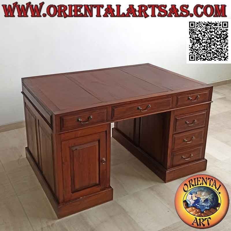 Escritorio "triple" con 6 cajones, puerta y tablero en cuero de silla de montar, en madera de teca (135 x 90) (desmontable)