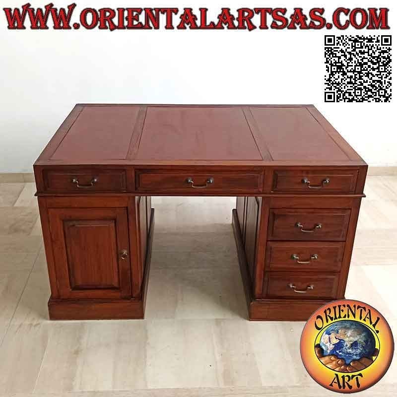 "Triple" desk with 6 drawers, door and top in saddle leather, in teak wood (135 x 90) (can be disassembled)