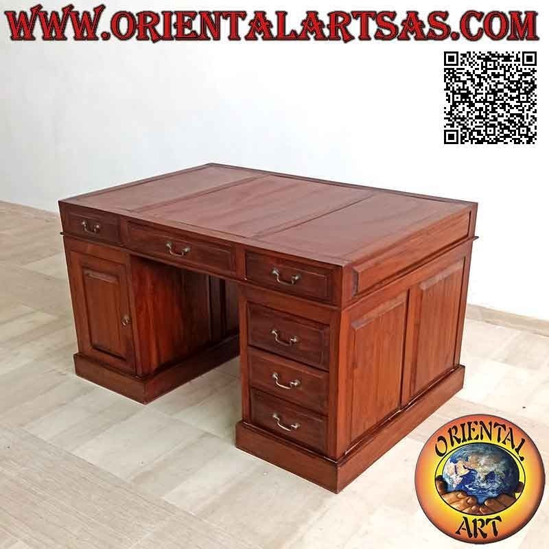 Escritorio "triple" con 6 cajones, puerta y tablero en cuero de silla de montar, en madera de teca (135 x 90) (desmontable)