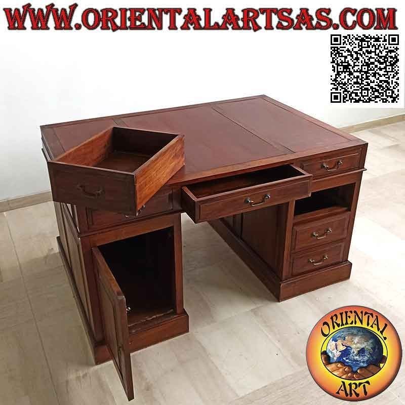 Bureau "Triple" à 6 tiroirs, porte et plateau en cuir sellier, en bois de teck (135 x 90) (démontable)