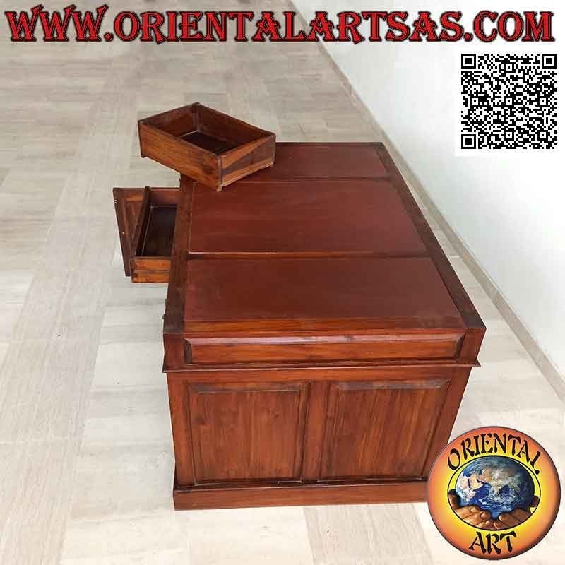 Escritorio "triple" con 6 cajones, puerta y tablero en cuero de silla de montar, en madera de teca (135 x 90) (desmontable)