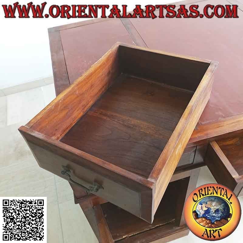Escritorio "triple" con 6 cajones, puerta y tablero en cuero de silla de montar, en madera de teca (135 x 90) (desmontable)