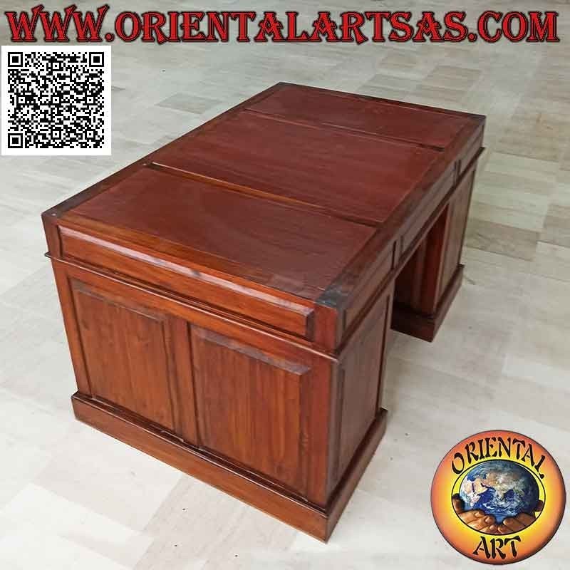 Bureau "Triple" à 6 tiroirs, porte et plateau en cuir sellier, en bois de teck (135 x 90) (démontable)