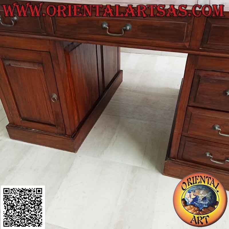 "Triple" desk with 6 drawers, door and top in saddle leather, in teak wood (135 x 90) (can be disassembled)