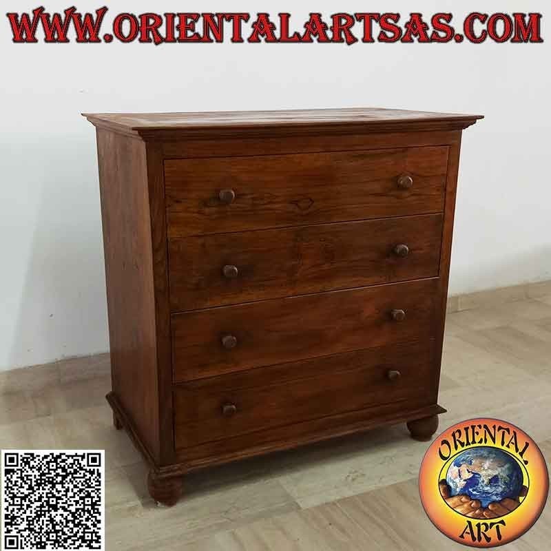 Rectangular chest of drawers with four drawers (dovetail joints) and round feet in teak wood