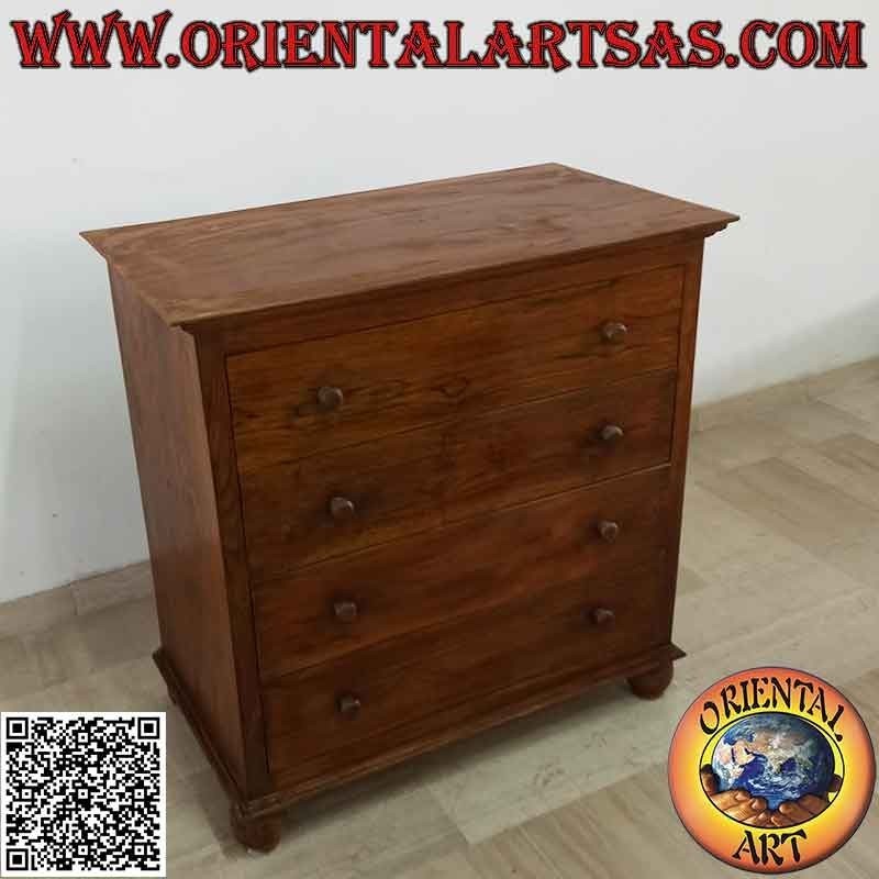 Rectangular chest of drawers with four drawers (dovetail joints) and round feet in teak wood