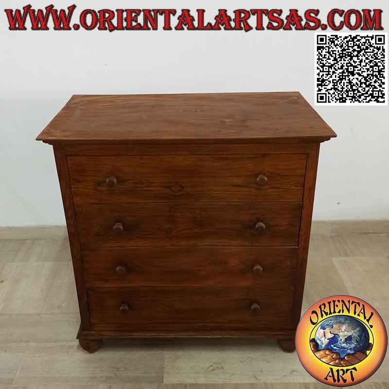 Rectangular chest of drawers with four drawers (dovetail joints) and round feet in teak wood
