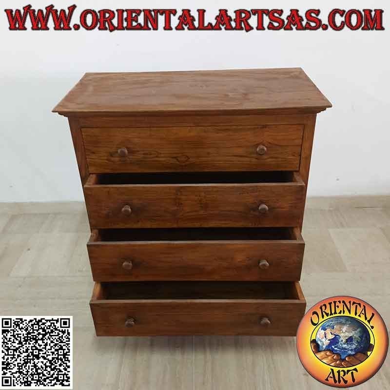 Rectangular chest of drawers with four drawers (dovetail joints) and round feet in teak wood