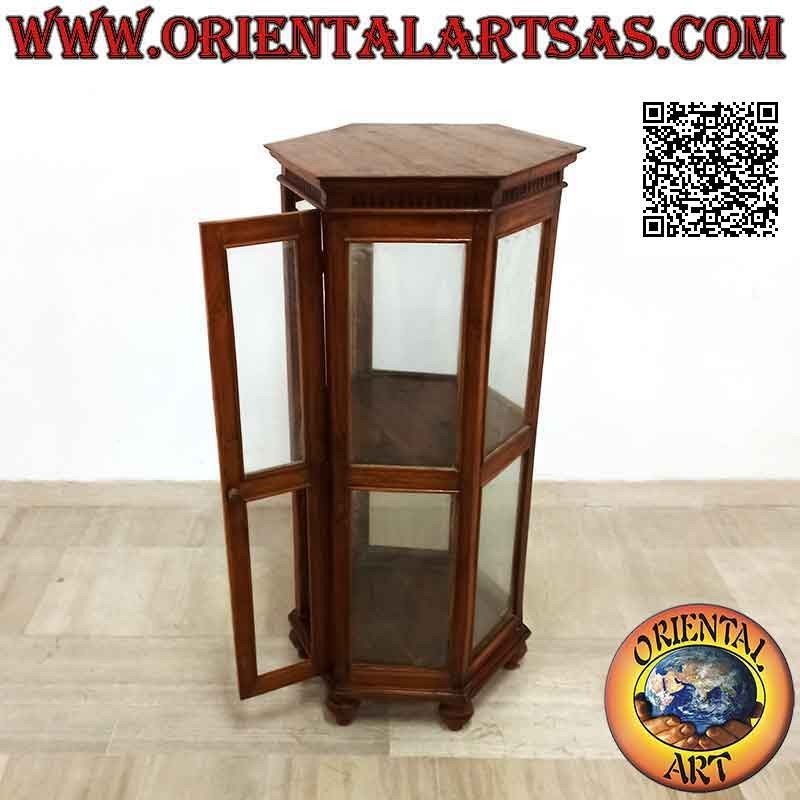 Hexagonal display cabinet with two shelves and columns decoration in teak wood (natural)